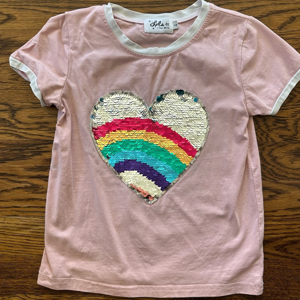 Lola + The Boys Pink Sequin Heart Tee Short Sleeve